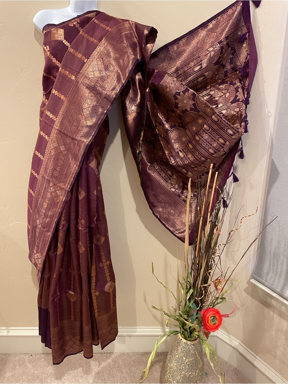Elegant Purple & Metallic Gold Banarasi Saree
